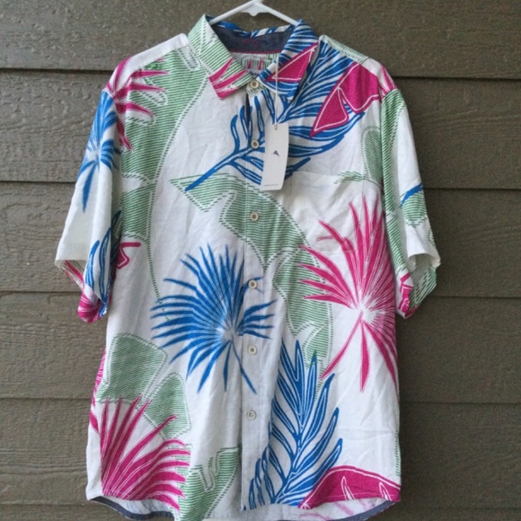 NWT! Tommy Bahama tropical print mens shirt 100% silk, size Large